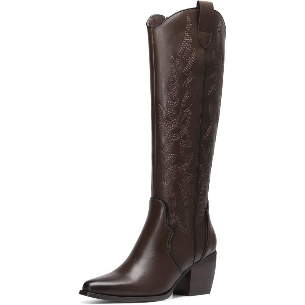 DREAM PAIRS Womens Brown Cowboy Boots Wide Calf Knee High Ladies